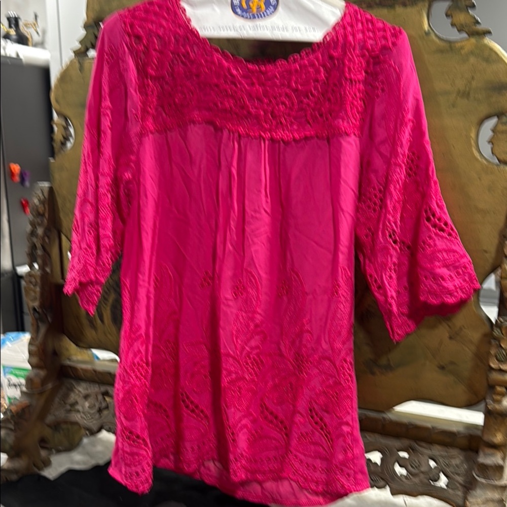 Embellished Pink 3/4 Sleeve Blouse with Lace